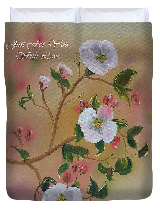 Greeting Cards Duvet Cover featuring the painting Just for You- Greeting Card -Three Blooms by Jan Dappen