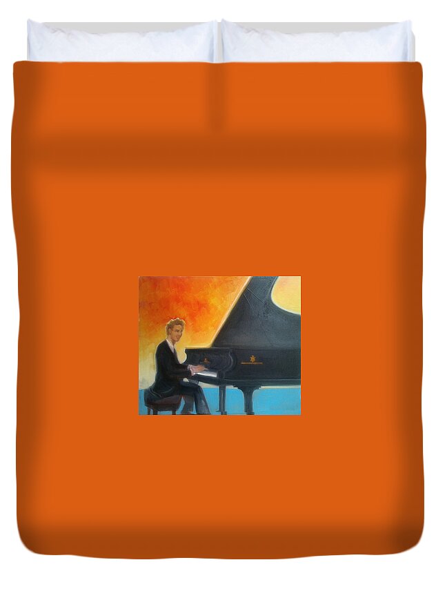 Primary Colors Duvet Cover featuring the painting Justin Levitt at piano Red Blue Yellow by Suzanne Giuriati Cerny