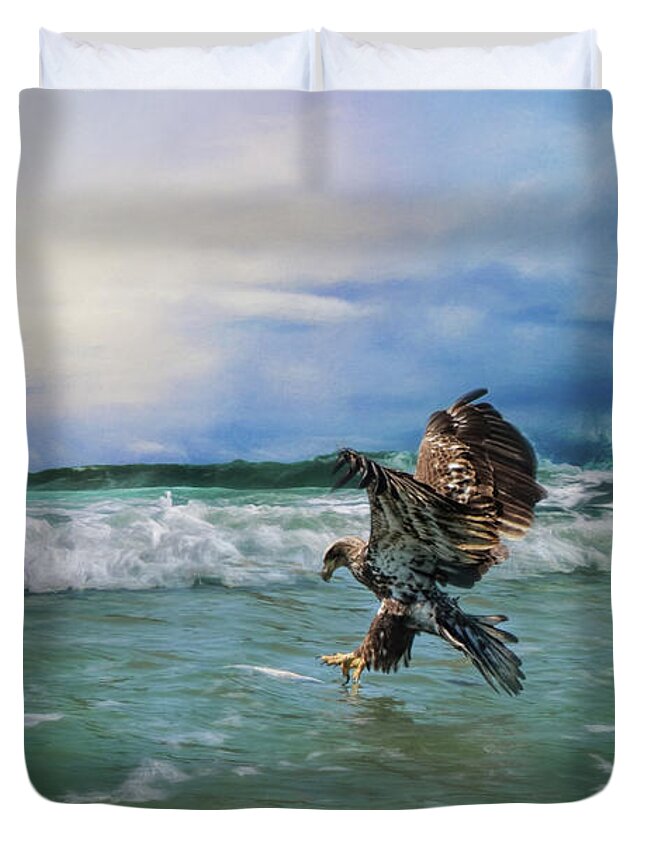Jai Johnson Duvet Cover featuring the photograph Juvenile Eagle At Sea Wildlife Art by Jai Johnson