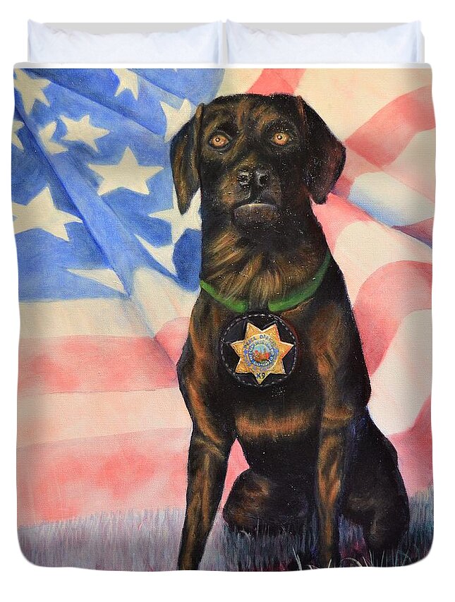 K-9 Duvet Cover featuring the painting K-9 Officer Rodney by Sherry Strong