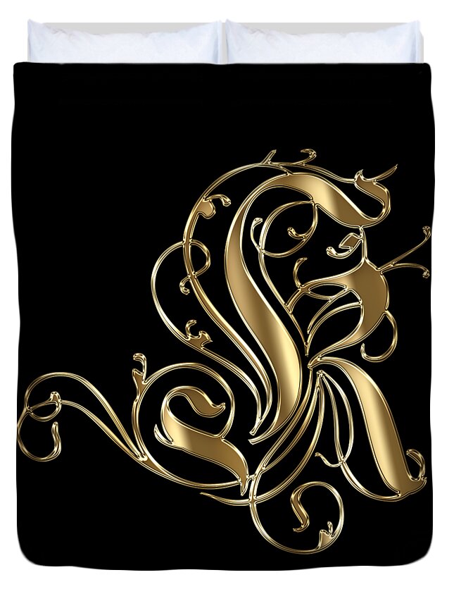 Gold Letter K Duvet Cover featuring the painting K Golden Ornamental Letter Typography by Georgeta Blanaru