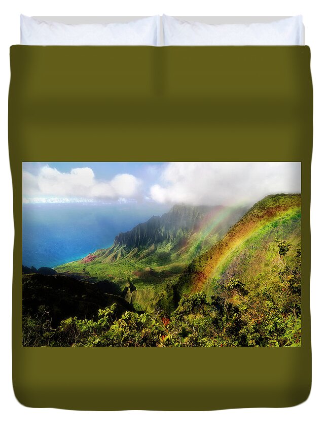 Lifeguard Duvet Cover featuring the photograph Kalalau Valley Double Rainbows Kauai, Hawaii by Lawrence Knutsson