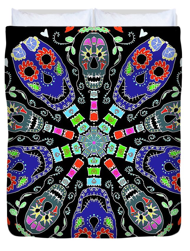 Night Duvet Cover featuring the digital art Kaleidoscope of skulls by Debra Baldwin