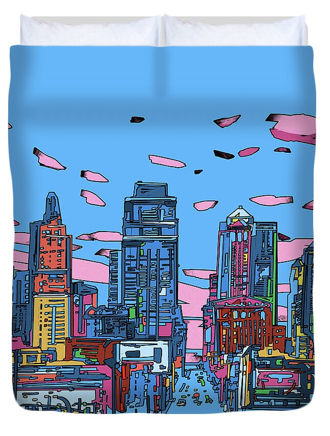 Kansas City Duvet Cover featuring the digital art Kansas City Skyline Panorama 4 by Bekim M