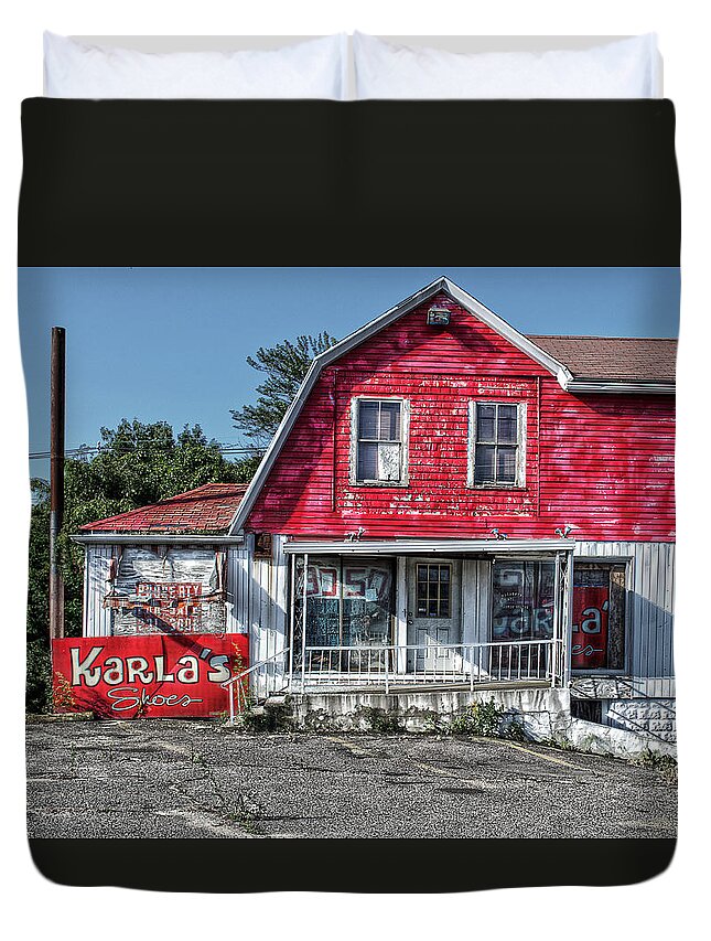 Hdr Duvet Cover featuring the photograph Karlas Shoe Store by Rick Mosher