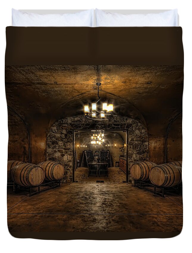 Hdr Duvet Cover featuring the photograph Karma Winery Cave by Brad Granger