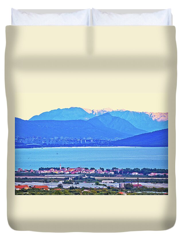 Blue Duvet Cover featuring the photograph Kastela bay and Biokovo mountain at sunset by Brch Photography