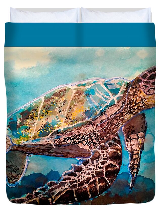 Sea Turtle Duvet Cover featuring the painting Koloa Landing Turtle by Dottie Visker