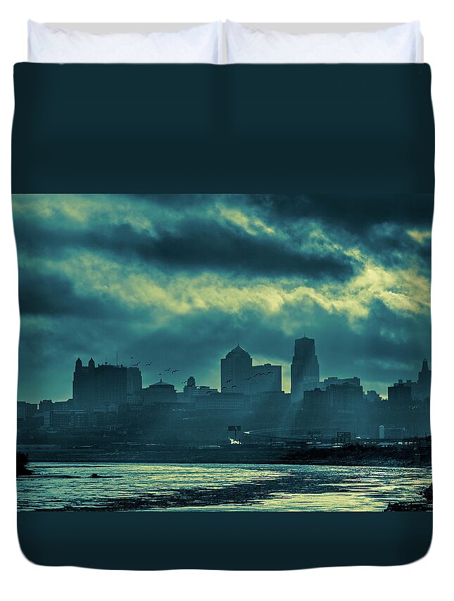 Kaw Point Duvet Cover featuring the photograph Kaw Point Kansas City Skyline by Jeff Phillippi