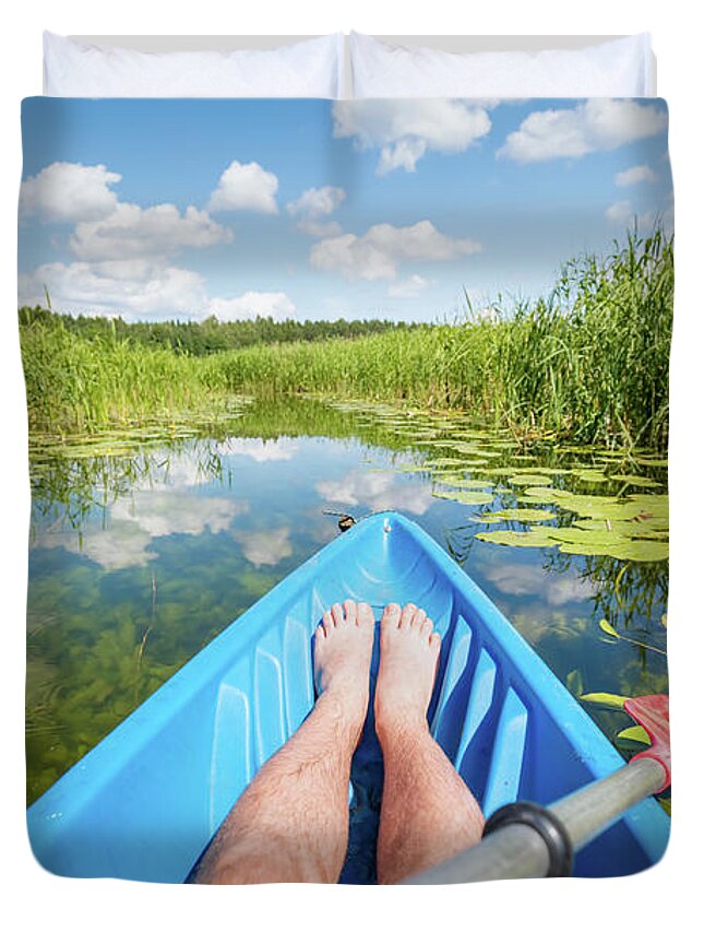Kayaking Duvet Cover featuring the photograph Kayaking on the river in the summer. by Michal Bednarek
