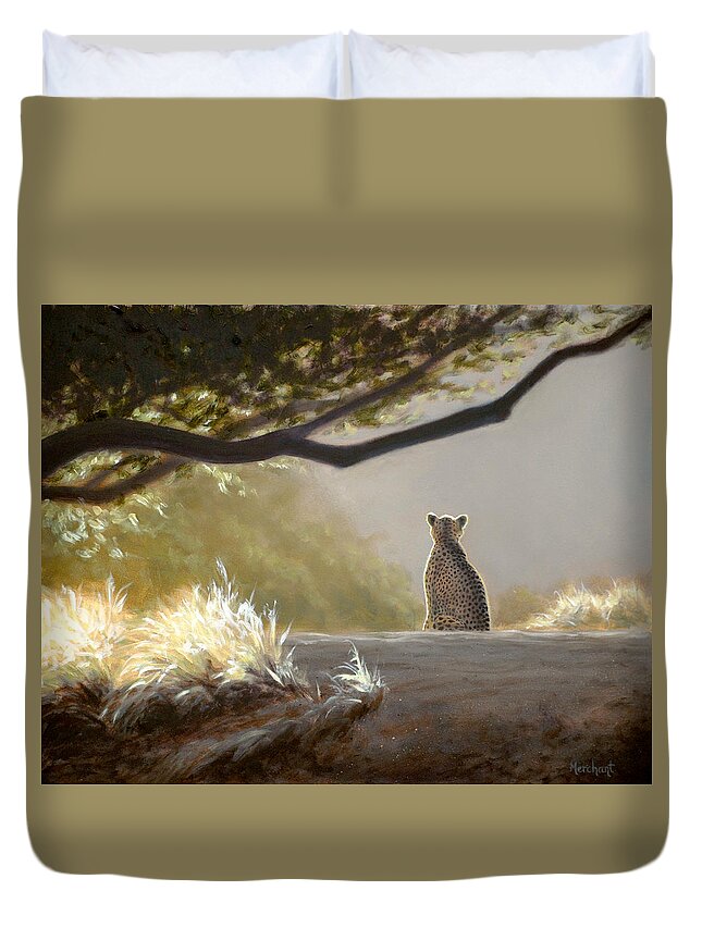 Cheetah Duvet Cover featuring the painting Keeping Watch - Cheetah by Linda Merchant