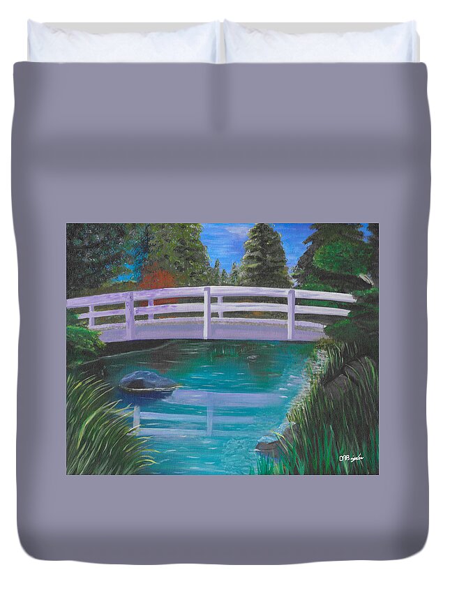 Water Duvet Cover featuring the painting Kelowna Japanese Garden by David Bigelow
