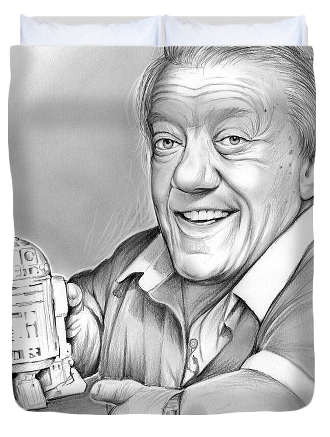 Kenny Baker Duvet Cover featuring the drawing Kenny Baker R2D2 by Greg Joens