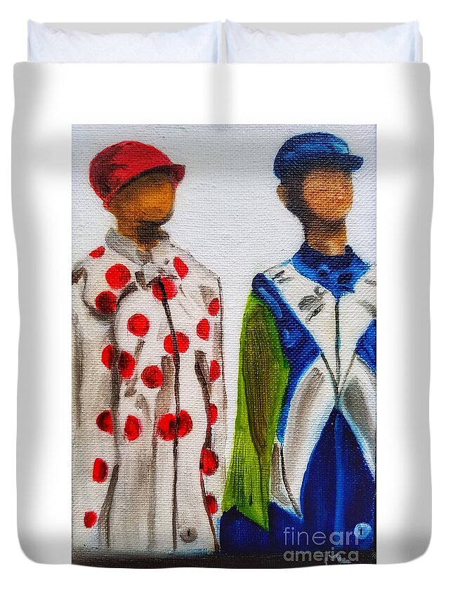 Jockeys Duvet Cover featuring the painting Kentucky Derby Jockey Mannequins by Mary Capriole
