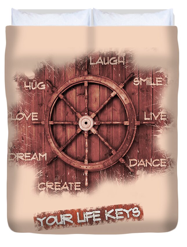 Wooden Helm Duvet Cover featuring the painting Keys to Happiness Typography on wooden Helm by Georgeta Blanaru