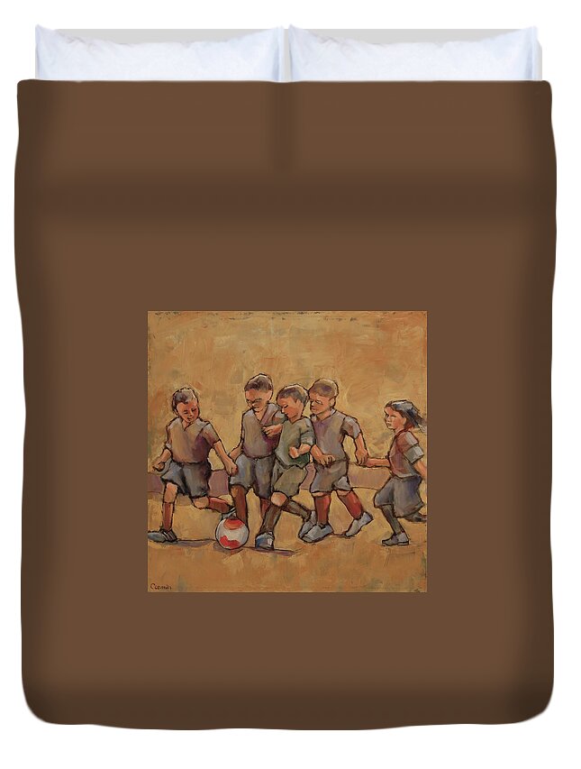Soccer Duvet Cover featuring the painting Kick It by Jean Cormier