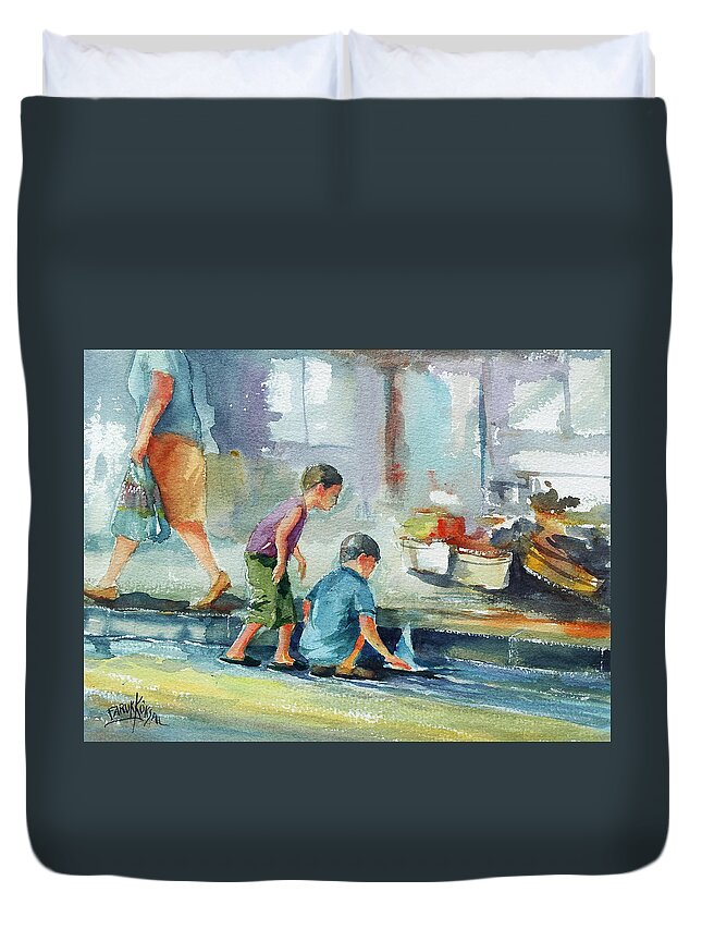 Kid Duvet Cover featuring the painting Kid Games... by Faruk Koksal