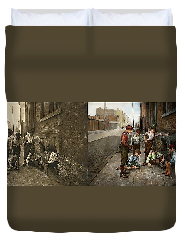 Gang Duvet Cover featuring the photograph Kids - Cincinnati OH - A shady game 1908 - Side by Side by Mike Savad