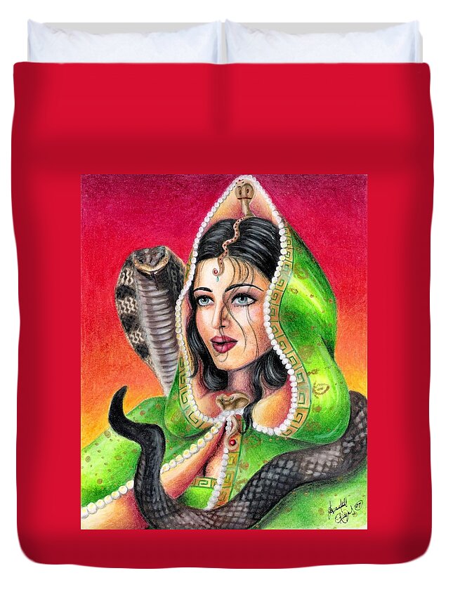 Woman Duvet Cover featuring the drawing King Cobra by Scarlett Royale