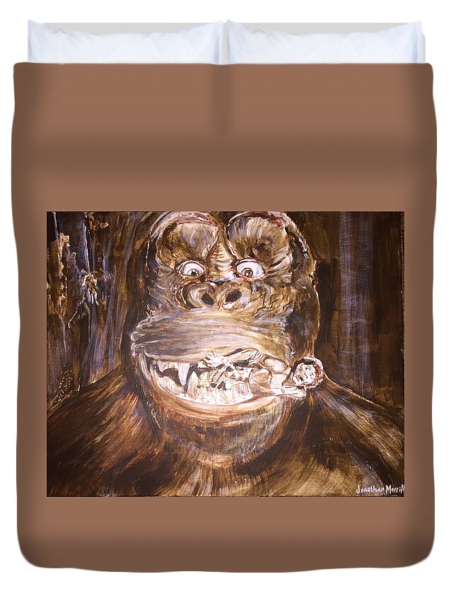 King Kong 1933 Bruce Cabot Robert Armstrong Fay Wray Creature Features Rko Radio Pictures Silver Screen Duvet Cover featuring the painting King Kong - Deleted Scene - Kong With Native by Jonathan Morrill