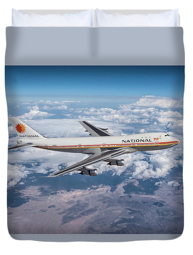 National Airlines Duvet Cover featuring the digital art Queen of the Skies - The 747 by Erik Simonsen