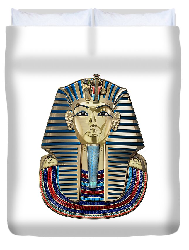 ‘treasures Of Egypt’ Collection By Serge Averbukh Duvet Cover featuring the digital art King Tut -Tutankhamun's Gold Death Mask over White Leather by Serge Averbukh
