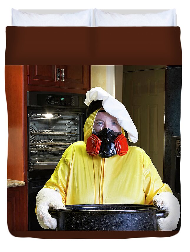 Burning Duvet Cover featuring the photograph Kitchen disaster with HazMat suit by Karen Foley