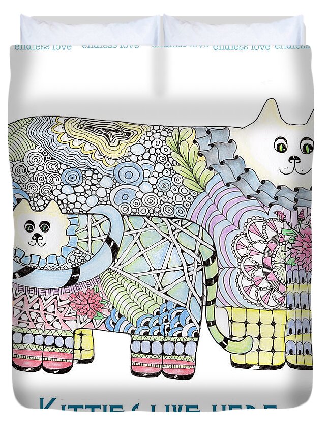 Kitties Cat Zentangle Doodles Duvet Cover featuring the tapestry - textile Kitties Live Here by Ruth Dailey