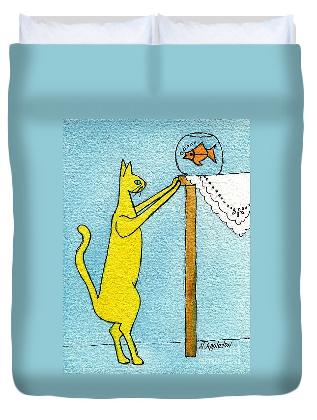 Kitty Duvet Cover featuring the painting Kitty and the Fish by Norma Appleton