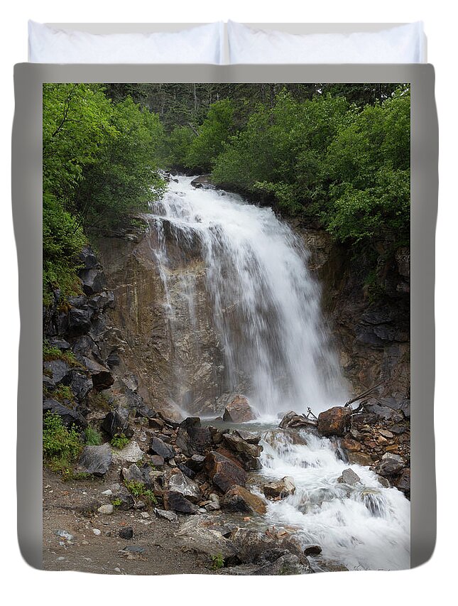 Mountain Duvet Cover featuring the photograph Klondike Waterfall by Ed Clark