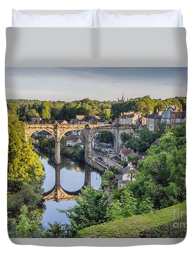 River - Viaduct - Reflection - Bridge - Trees - England - Uk Duvet Cover featuring the photograph Knaresborough by Chris Horsnell