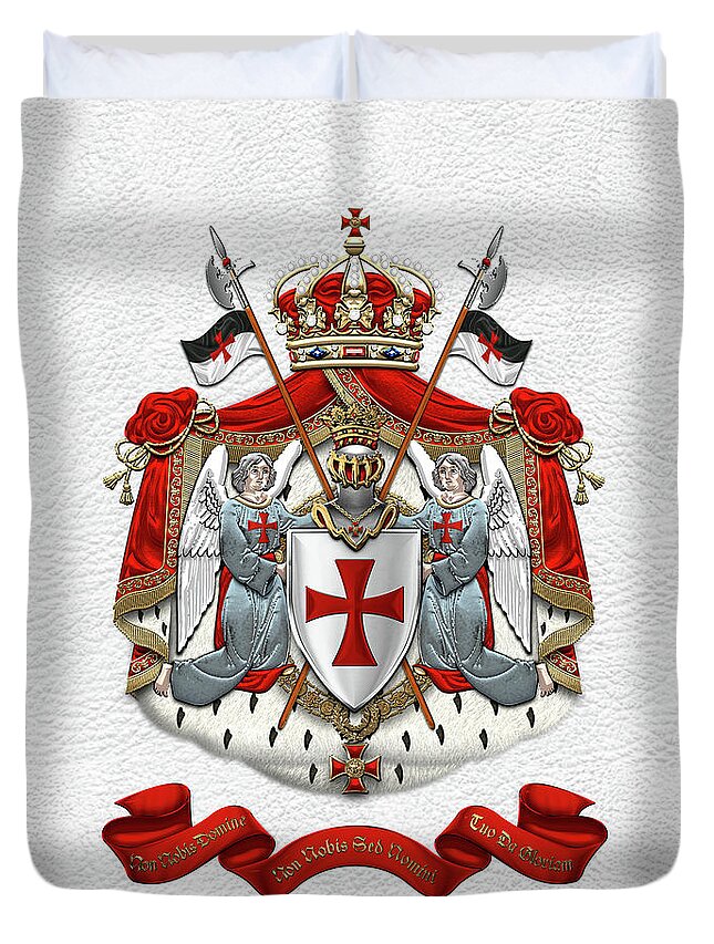 'ancient Brotherhoods' Collection By Serge Averbukh Duvet Cover featuring the digital art Knights Templar - Coat of Arms over White Leather by Serge Averbukh