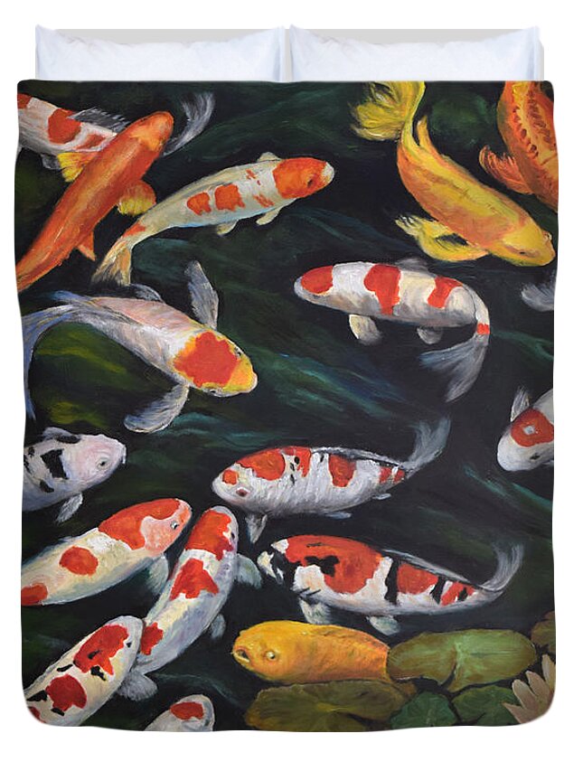 Koi Duvet Cover featuring the painting Koi among the lily pads II by Sandra Nardone