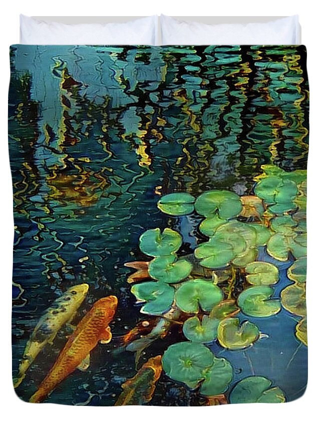 Nature Duvet Cover featuring the digital art Koi fish in pond by Bruce Rolff