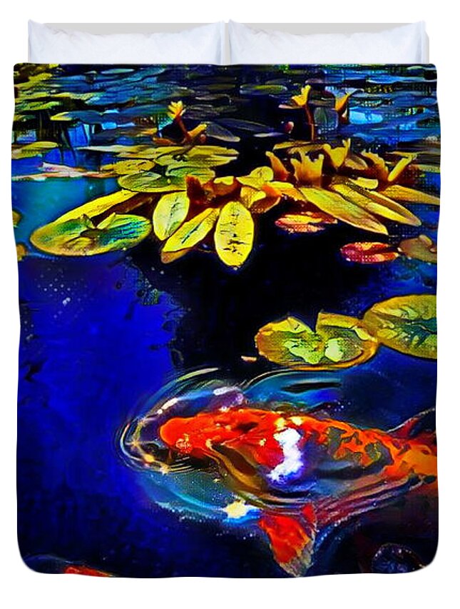 Fish Duvet Cover featuring the digital art Koi in a Pond of Water Lilies by Russ Harris