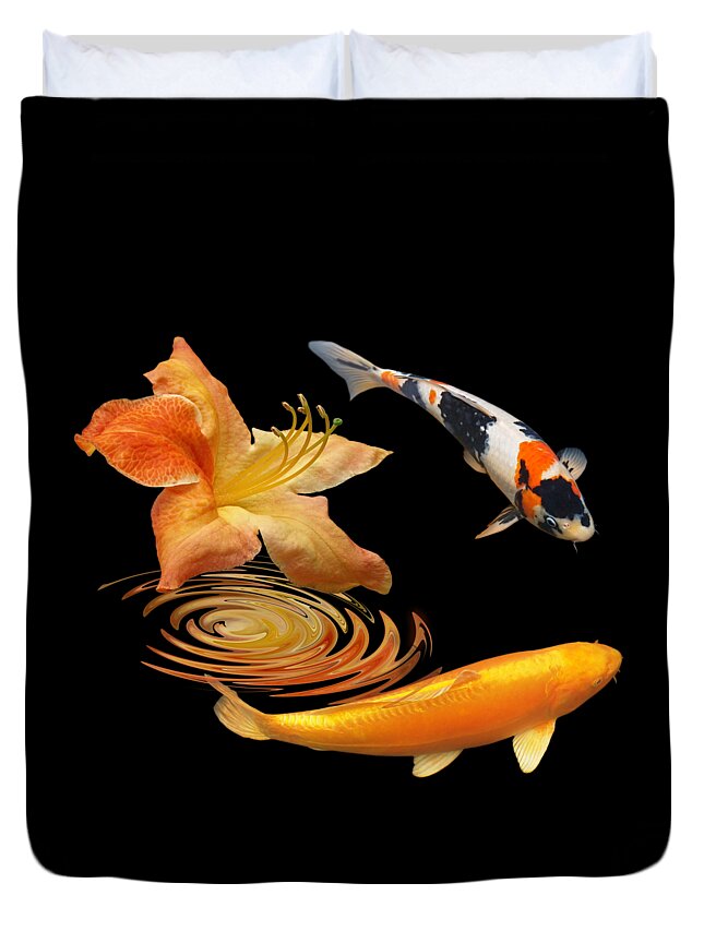 Koi Fish Duvet Cover featuring the photograph Koi With Azalea Ripples by Gill Billington