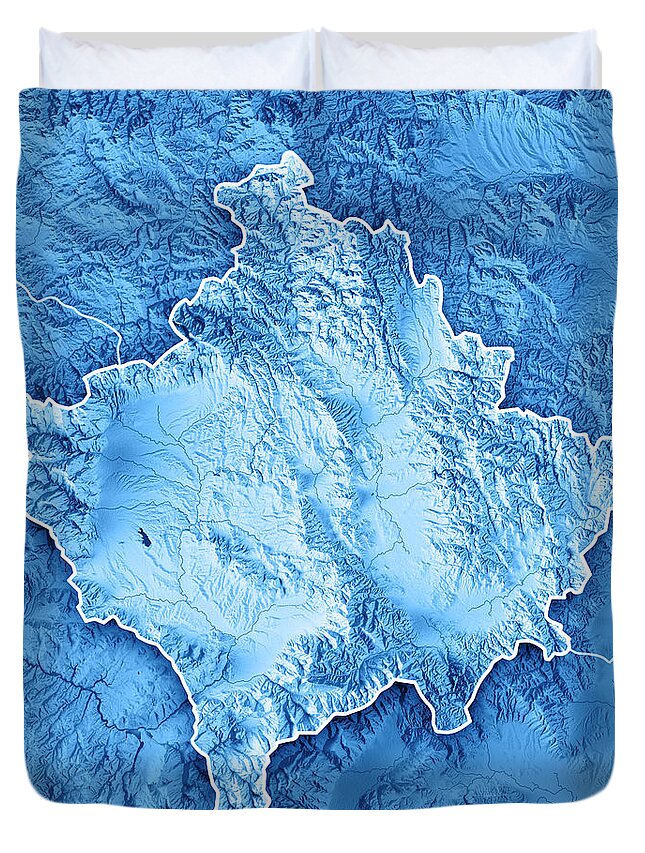 Kosovo Duvet Cover featuring the digital art Kosovo Country 3D Render Topographic Map Blue Border by Frank Ramspott