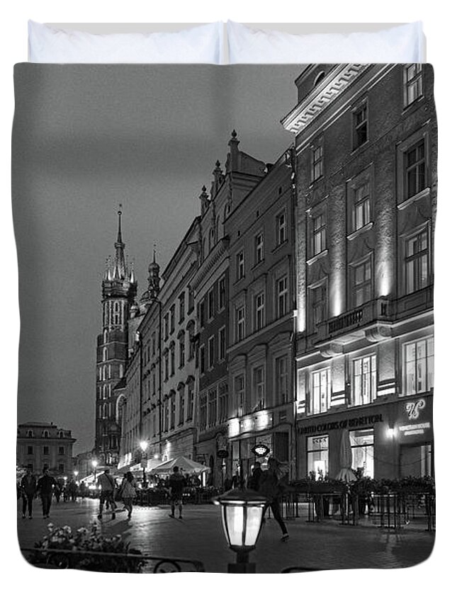 Central Europe Duvet Cover featuring the photograph Krakow Nights Black and White by Sharon Popek