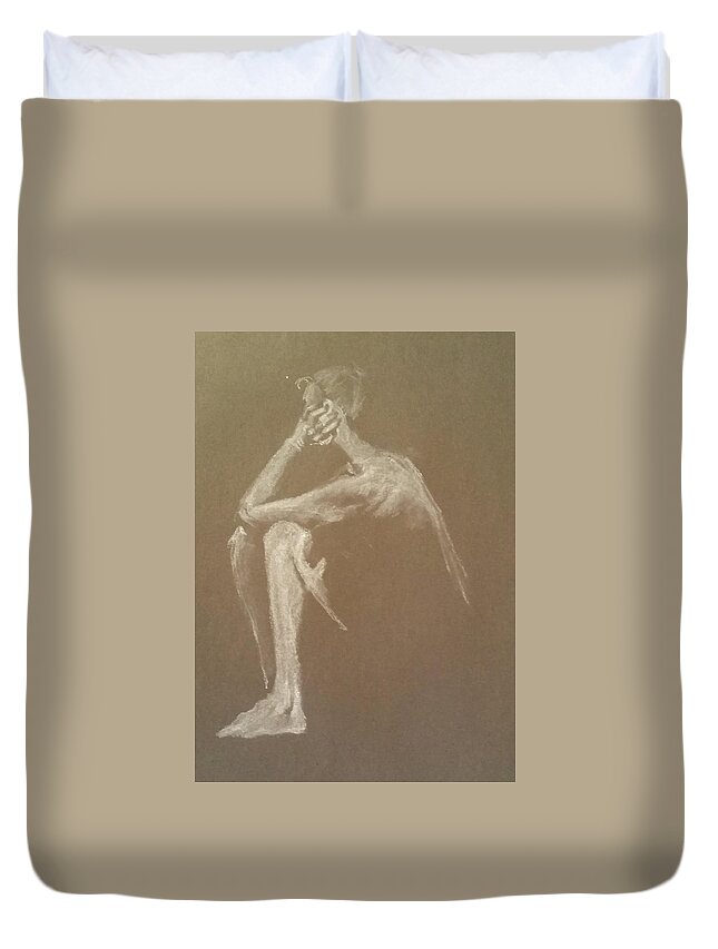 Figure Drawing Duvet Cover featuring the drawing Kroki 2015 06 18_9 Figure Drawing White Chalk by Marica Ohlsson