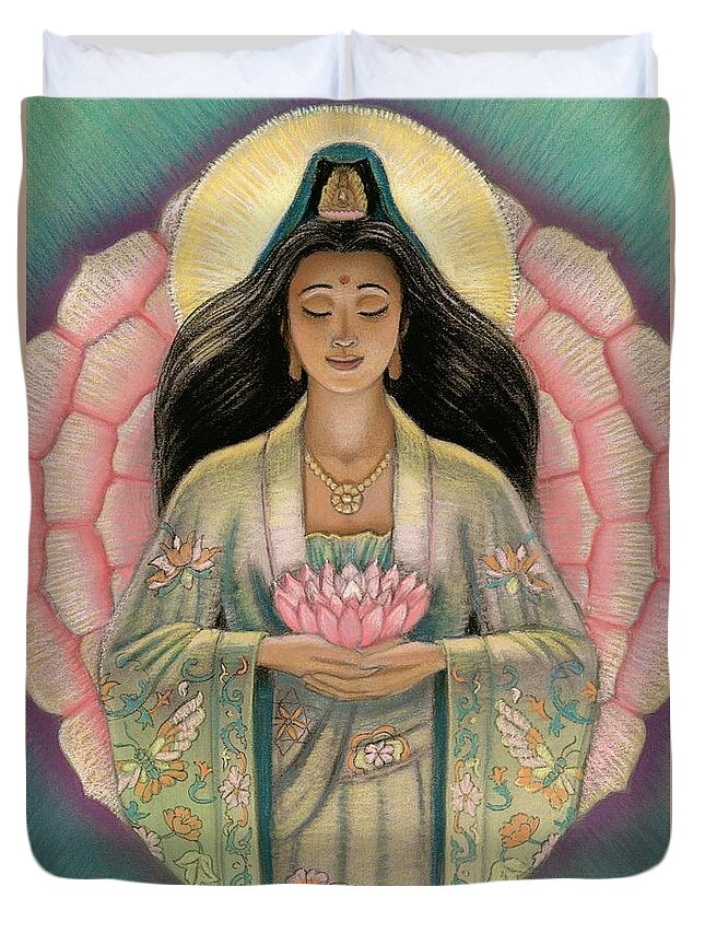 Kuan Yin Duvet Cover featuring the painting Kuan Yin Pink Lotus Heart by Sue Halstenberg
