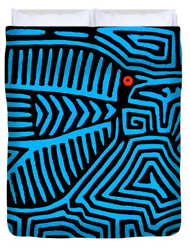 Kuna Art Duvet Cover featuring the digital art Kuna Indian Blue Bird by Vagabond Folk Art - Virginia Vivier