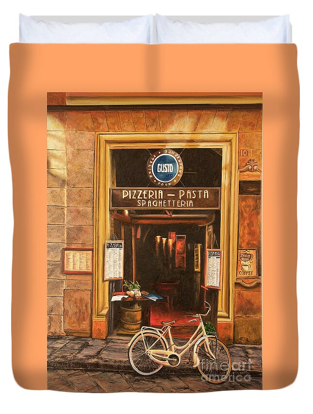 Italian Cafe Painting Duvet Cover featuring the painting La Bicicletta by Charlotte Blanchard