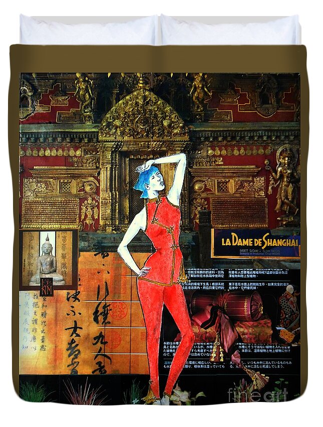 Kasian Duvet Cover featuring the painting La Dame de Shanghai -- Asian Fashion Collage by Jayne Somogy