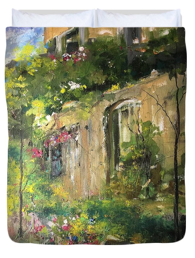 Plein Air Duvet Cover featuring the painting La maison est o le coeur est Home Is Where the Heart I by Robin Miller-Bookhout