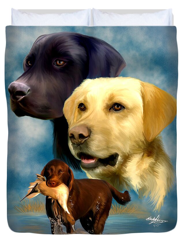 Labrador Retriever Duvet Cover featuring the painting Labrador Retrievers by Becky Herrera