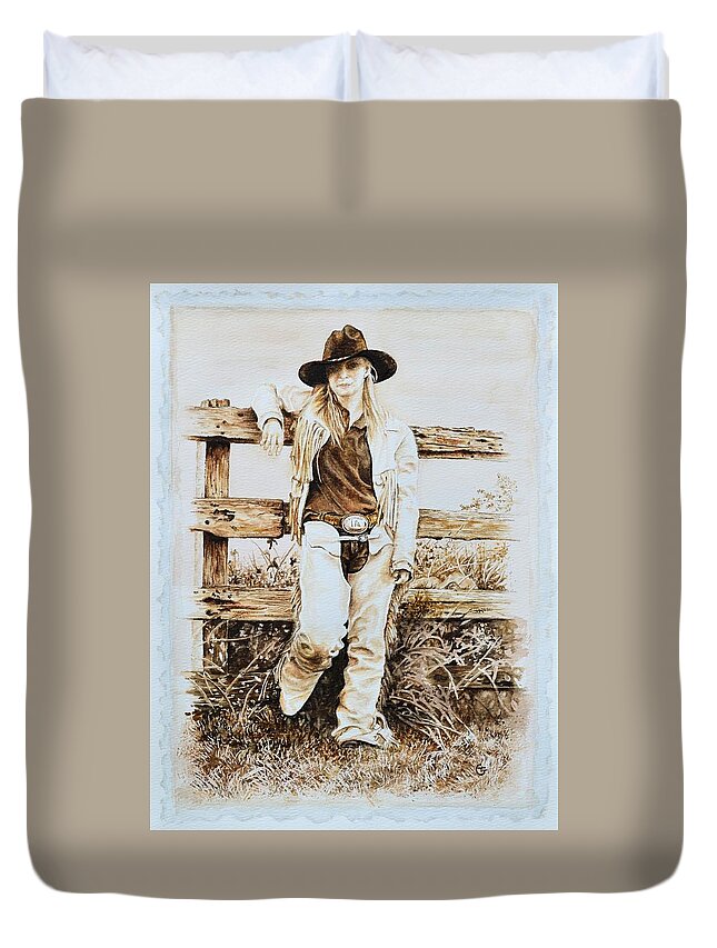 Western Paintings Duvet Cover featuring the painting Lace And Latigo by Traci Goebel