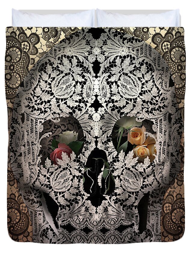 Skull Duvet Cover featuring the painting Lace Skull Sepia by Bekim M