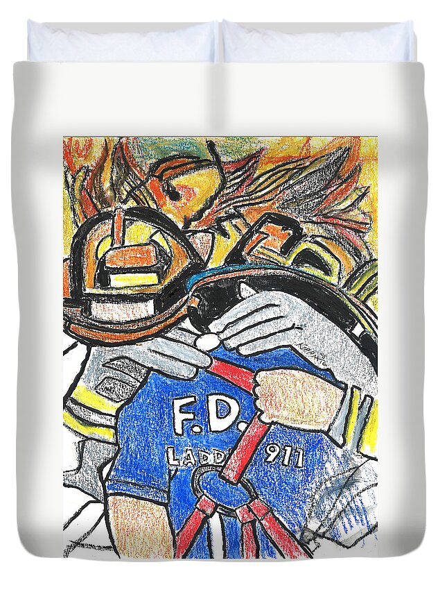 September 11 2001 Duvet Cover featuring the drawing Ladder 911 by Kippax Williams