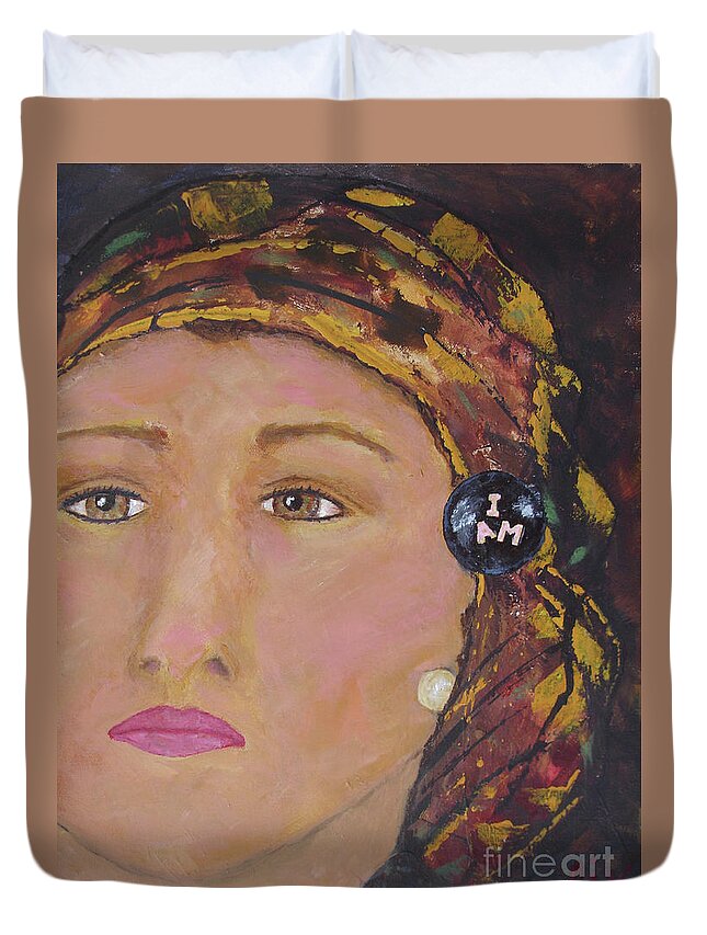 Women Duvet Cover featuring the painting Lady in Head Scarf by Shelley Jones