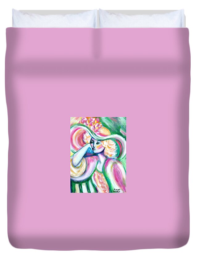 Lady In Flowered Hat Duvet Cover featuring the painting Lady in Pink and Green by Anya Heller